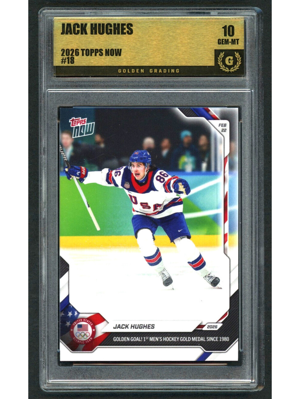 2026 Topps Now Jack Hughes # 18 Golden Goal Gold Medal Graded Gem Mint 10